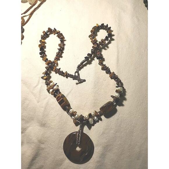 Tiger's Eye Stone Natural Pearl 925 Sterling Silver Necklace Pendant 22 In. - Picture 3 of 7